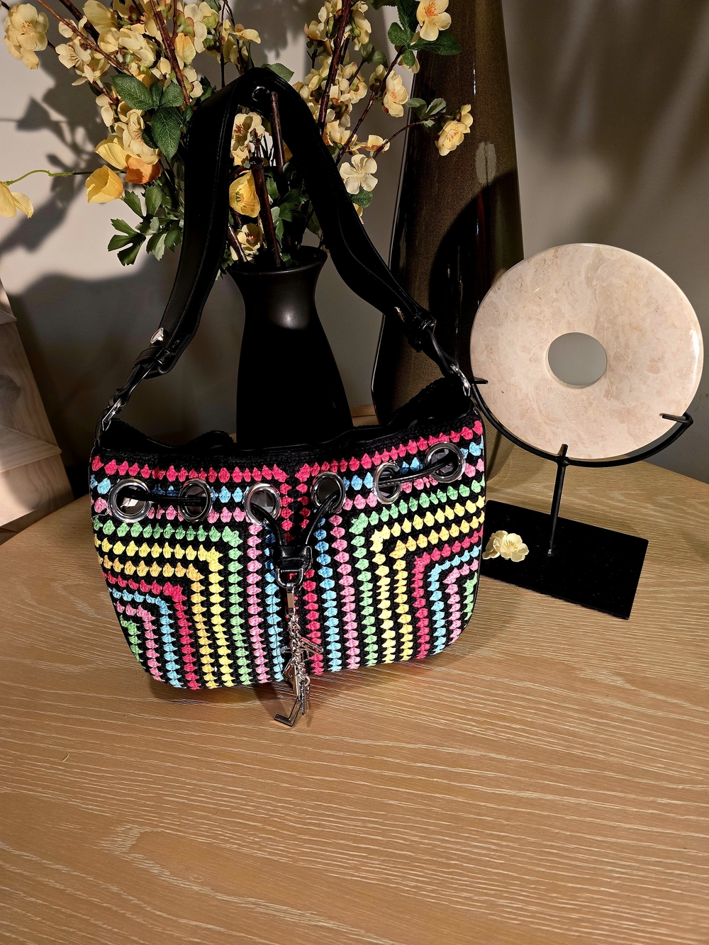 Karl Lagerfeld Multicolor Crochet Shoulder Bag with Black Strap